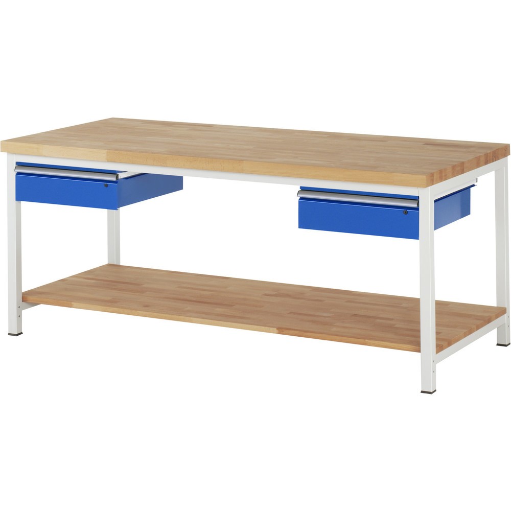 Numéro de l'image du produit 1: RAU Établi série 8000, HxlxP 840-1 040 x 2 000 x 900 mm, 2 tiroirs, 1 tablette en hêtre massif profondeur 757 mm