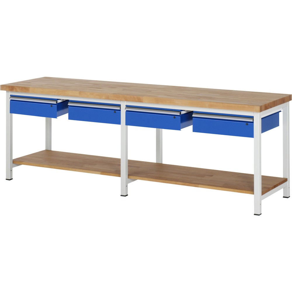 Numéro de l'image du produit 1: RAU Établi série 8000, HxlxP 840 x 2 500 x 700 mm, 4 tiroirs, 1 tablette en hêtre massif profondeur 557 mm