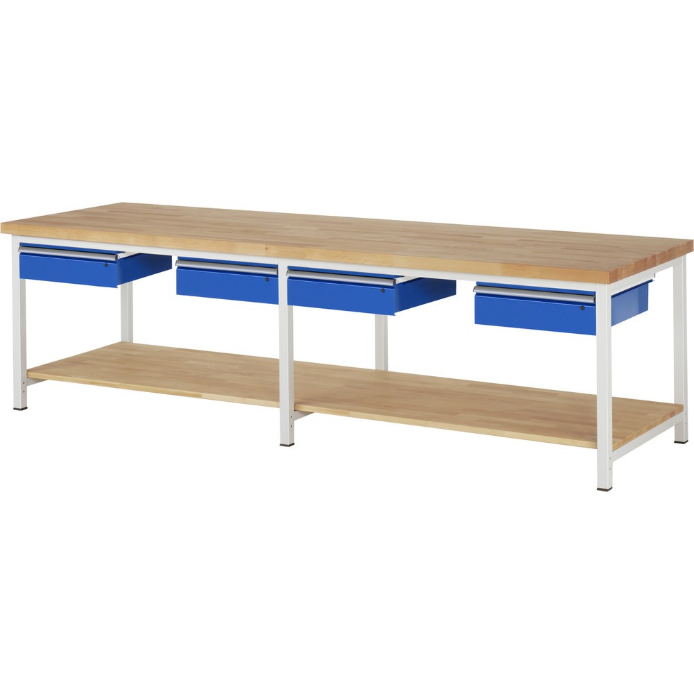 N° de l'image du produit 1 : RAU Établi série 8000, HxlxP 840-1 040 x 3 000 x 900 mm, 4 tiroirs, 1 tablette en hêtre massif profondeur 757 mm