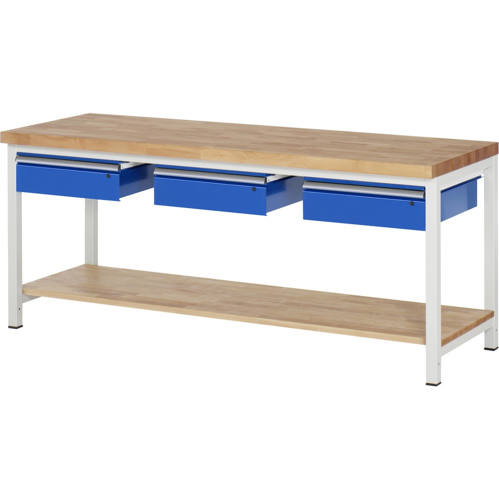 Numéro de l'image du produit 1: RAU Établi série 8000, HxlxP 840-1 040 x 2 000 x 700 mm, 3 tiroirs, 1 tablette en hêtre massif profondeur 557 mm