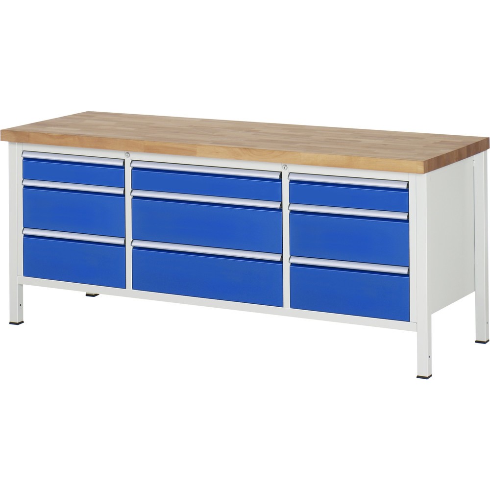 Illustration du produit: RAU Établi série 8000, 1 triple caisson, HxlxP 840-1 040 x 2 000 x 700 mm, 9 tiroirs, capacité de charge des tiroirs 75/100 kg