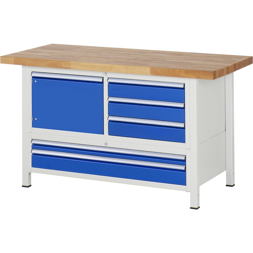 Numéro de l'image du produit 1: RAU Établi série 8000, 1 caisson triple, 1 porte battante, HxlxP 840-1 040 x 1 500 x 700 mm, 5 tiroirs extractibles à 100 %