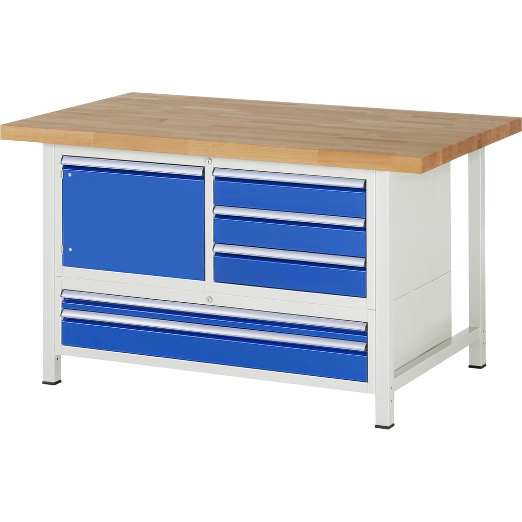 N° de l'image du produit 1 : RAU Établi série 8000, 1 caisson triple, 1 porte battante, HxlxP 840-1 040 x 1 500 x 900 mm, 5 tiroirs extractibles à 90 %
