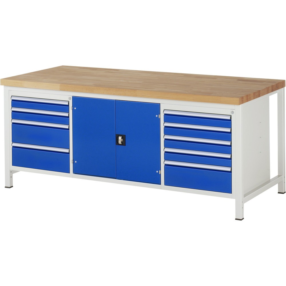 Numéro de l'image du produit 1: RAU Établi série 8000, 1 caisson triple, 1 tablette, 1 porte battante, HxlxP 840 x 2 000 x 900 mm, 9 tiroirs extractibles à 100 %