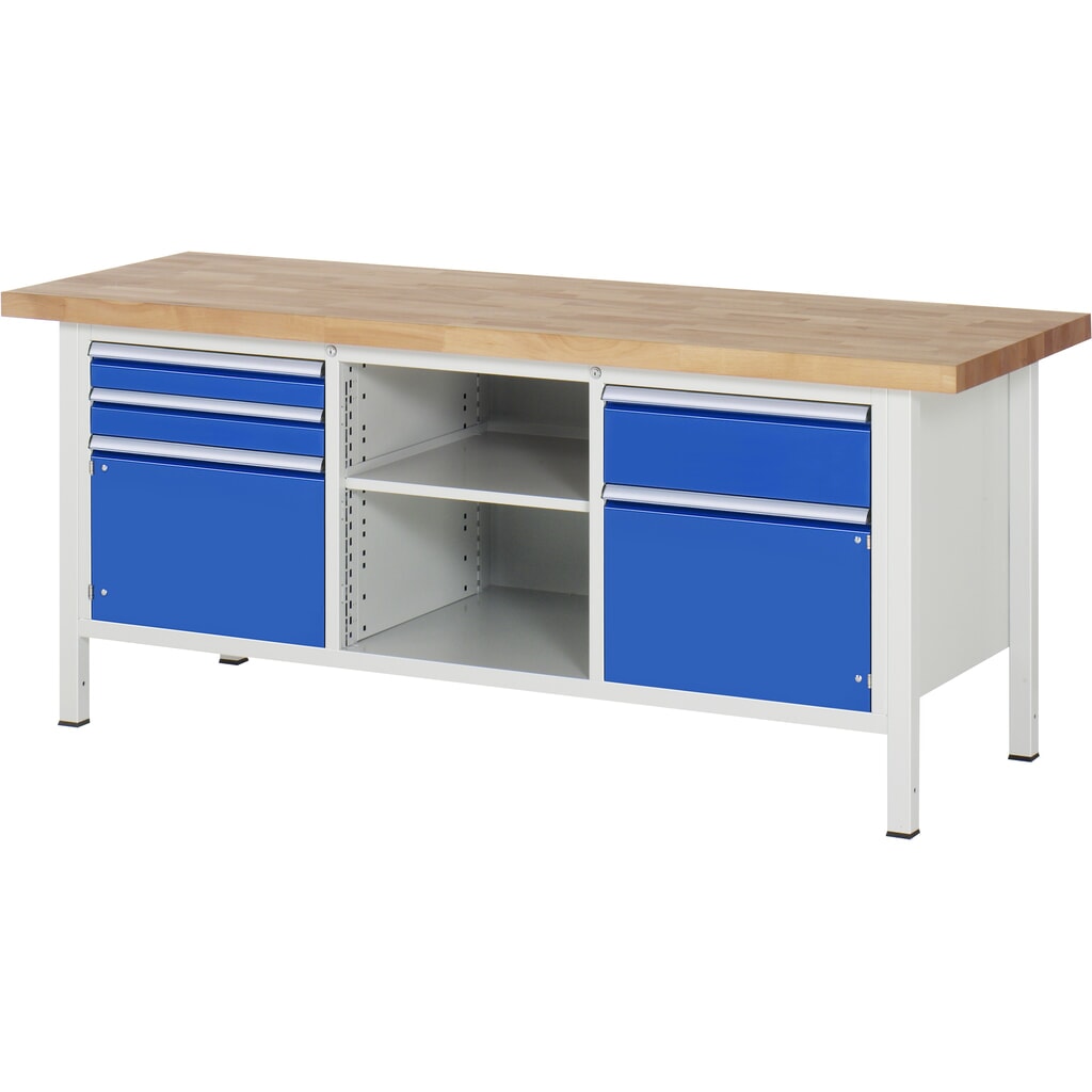 N° de l'image du produit 1 : RAU Établi série 8000, HxlxP 840-1 040 x 2 000 x 700 mm, 1 triple caisson sous plateau, avec 3 tiroirs et 2 portes battantes