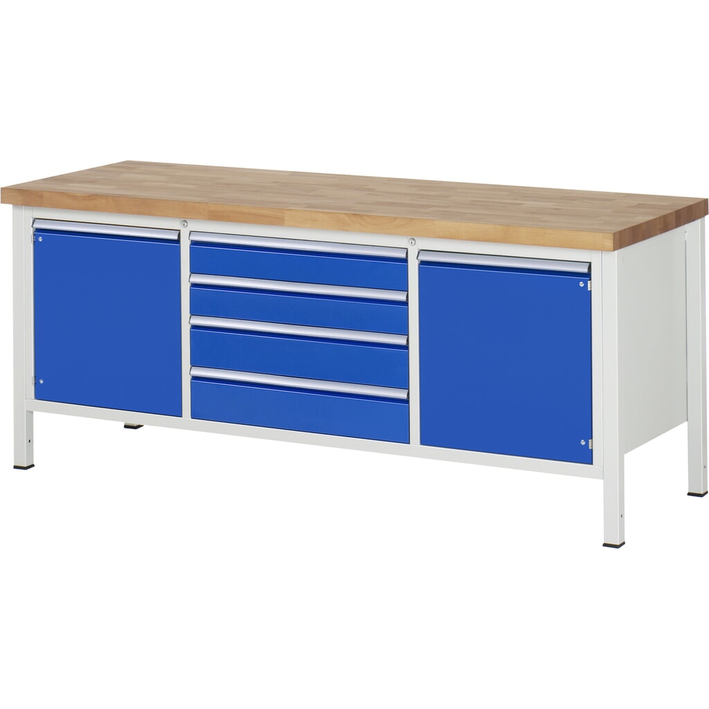 N° de l'image du produit 1 : RAU Établi série 8000, 1 triple caisson, 1 tablette, HxlxP 840-1 040 x 2 000 x 700 mm, 4 tiroirs