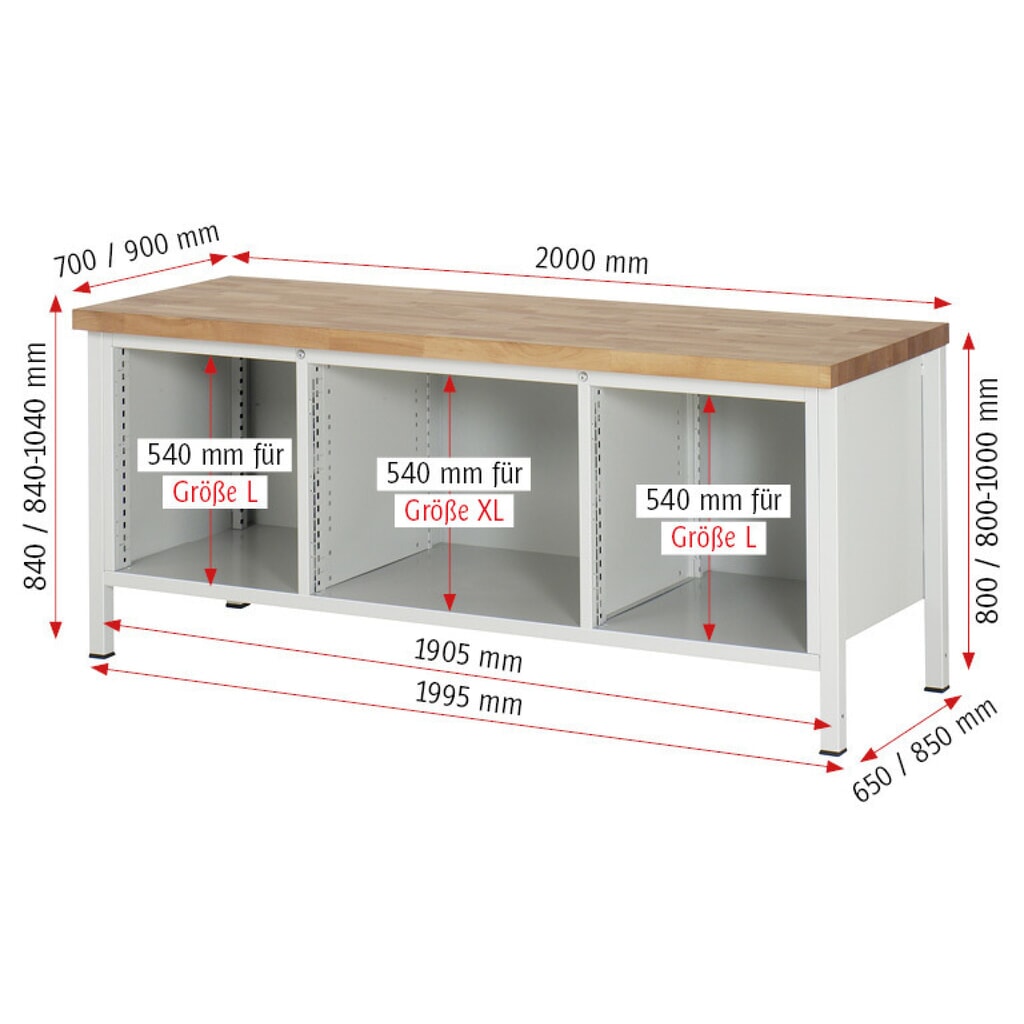 N° de l'image du produit 8 : RAU Établi série 8000, 1 triple caisson, 1 tablette, HxlxP 840-1 040 x 2 000 x 700 mm, 4 tiroirs