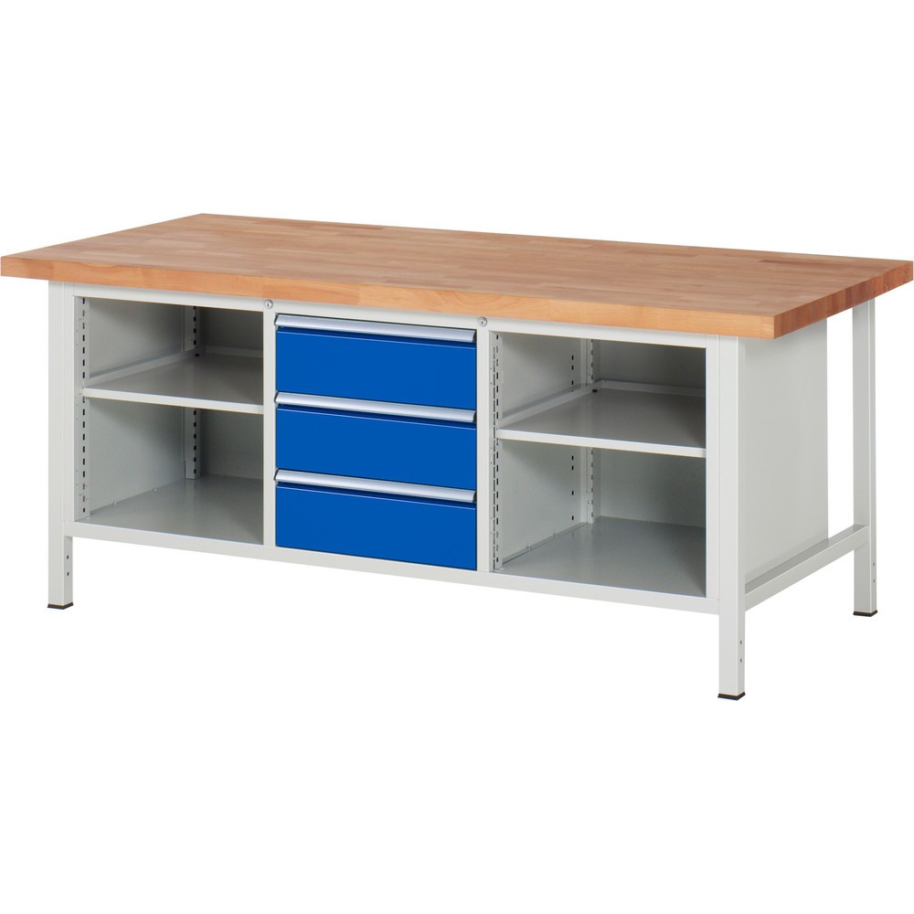 Numéro de l'image du produit 1: RAU Établi série 8000, 1 caisson triple, 2 tablettes, HxlxP 840 x 2 000 x 900 mm, 3 tiroirs extractibles à 100 %