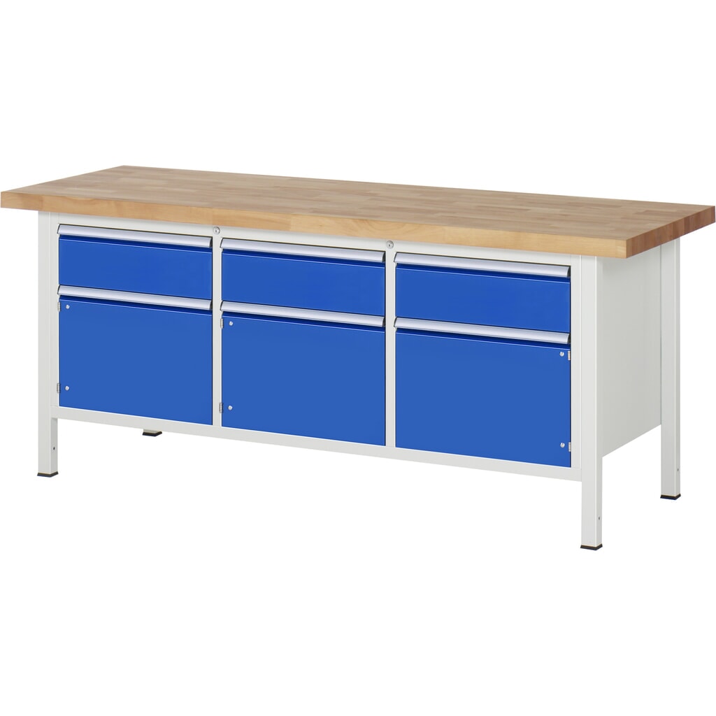 N° de l'image du produit 1 : RAU Établi série 8000, 1 caisson triple, HxlxP 840 x 2 000 x 700 mm, 3 portes battantes, 3 tiroirs