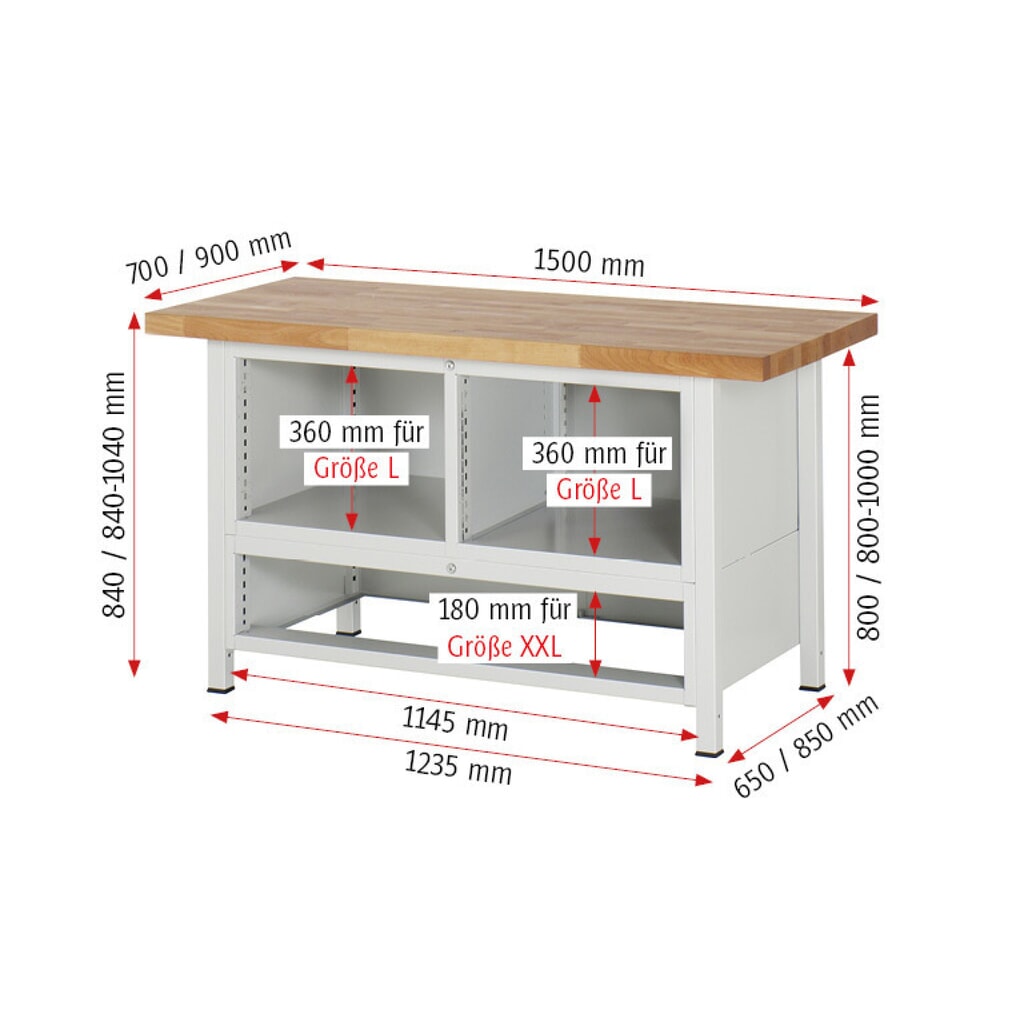 N° de l'image du produit 6 : RAU Établi série 8000, 1 caisson triple, HxlxP 840 x 1 500 x 900 mm, 9 tiroirs extractibles à 100 %, 2 tiroirs XXL en bas
