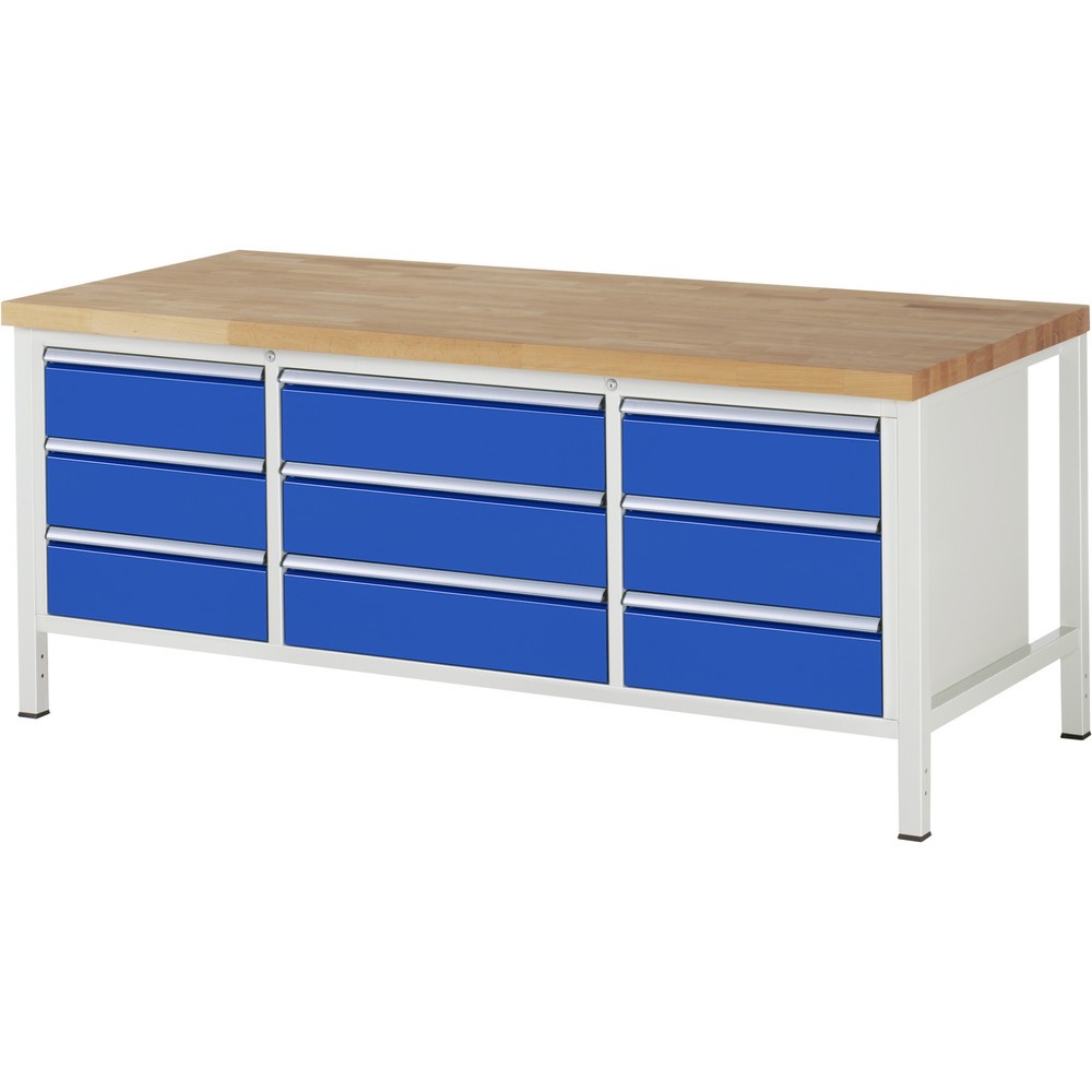 N° de l'image du produit 1 : RAU Établi série 8000, 1 caisson triple, HxlxP 840-1 040 x 2 000 x 900 mm, 9 tiroirs extractibles à 90 % 9 x 180 mm, capacité de charge des tiroirs 100/75 kg