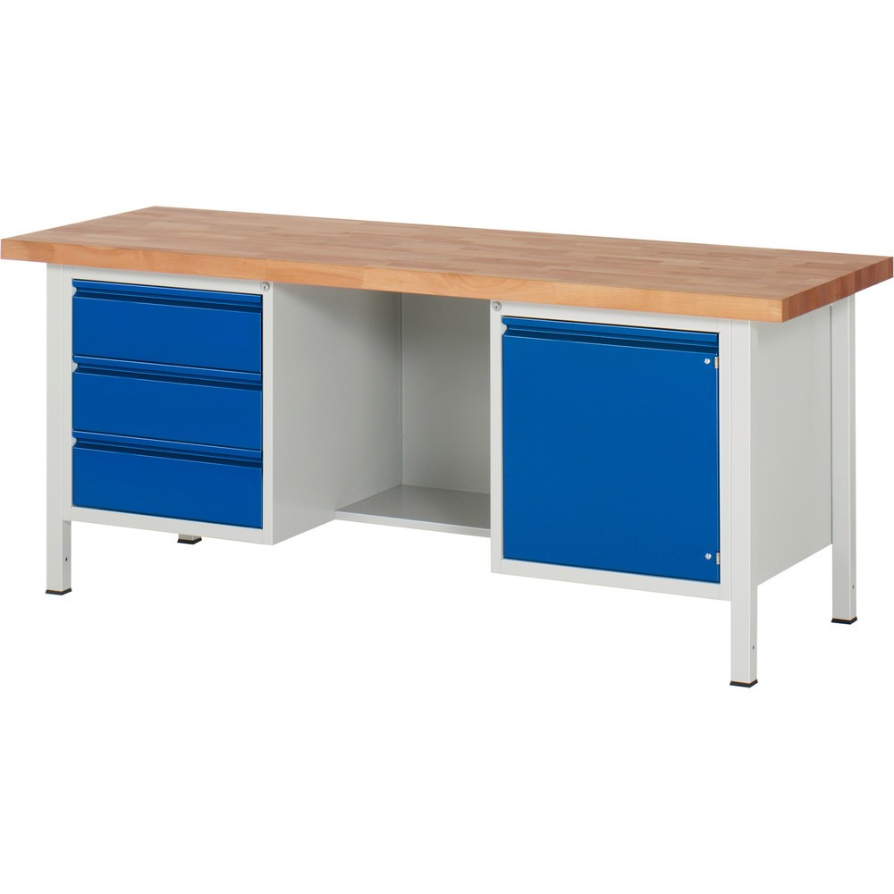 Illustration du produit: RAU Établi série 8000, 2 caissons, 1 tablette, 1 porte battante, HxlxP 840 x 2 000 x 700 mm, 3 tiroirs