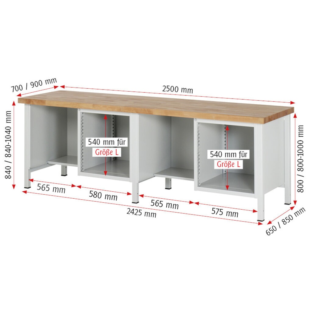 N° de l'image du produit 7 : RAU Établi série 8000, 2 caissons, HxlxP 840-1 040 x 2 500 x 700 mm, 8 tiroirs extractibles à 90 %