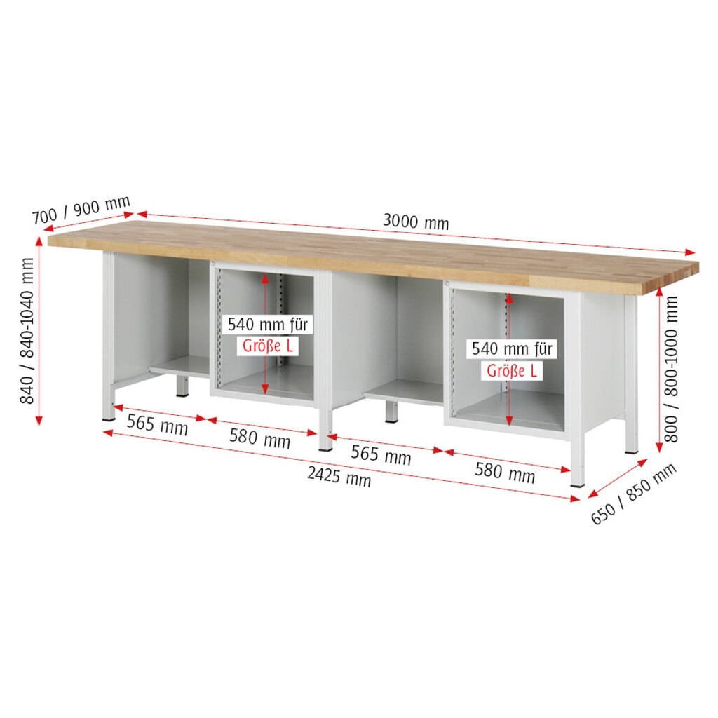 N° de l'image du produit 5 : RAU Établi série 8000, 2 caissons, HxlxP 840 x 3 000 x 700 mm, 8 tiroirs extractibles à 90 %