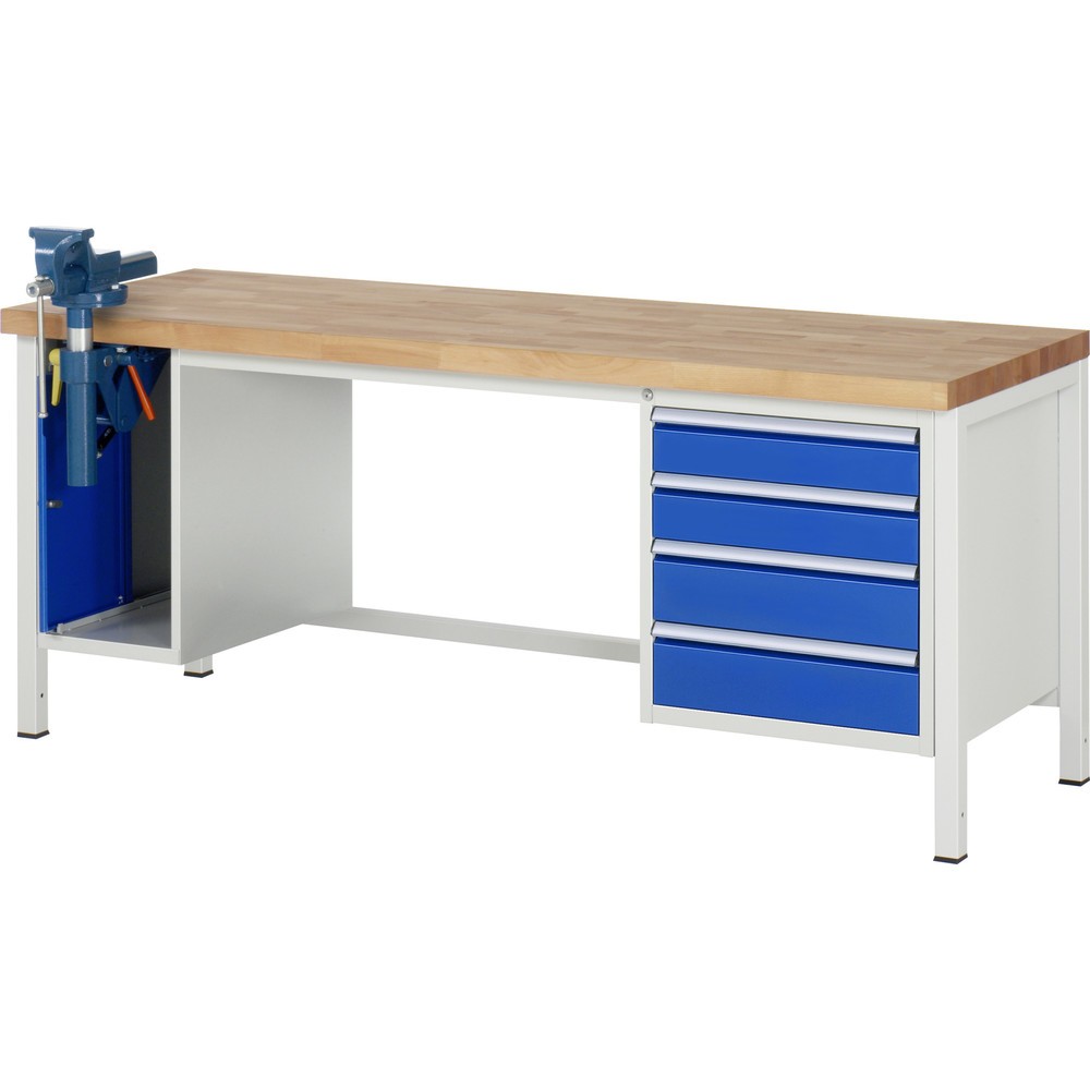 Illustration du produit: RAU Établi série 8000, 2 caissons, HxlxP 840 x 2 000 x 700 mm, 4 tiroirs extractibles à 100 % 2 x 120, 2 x 150 mm, étau inclus
