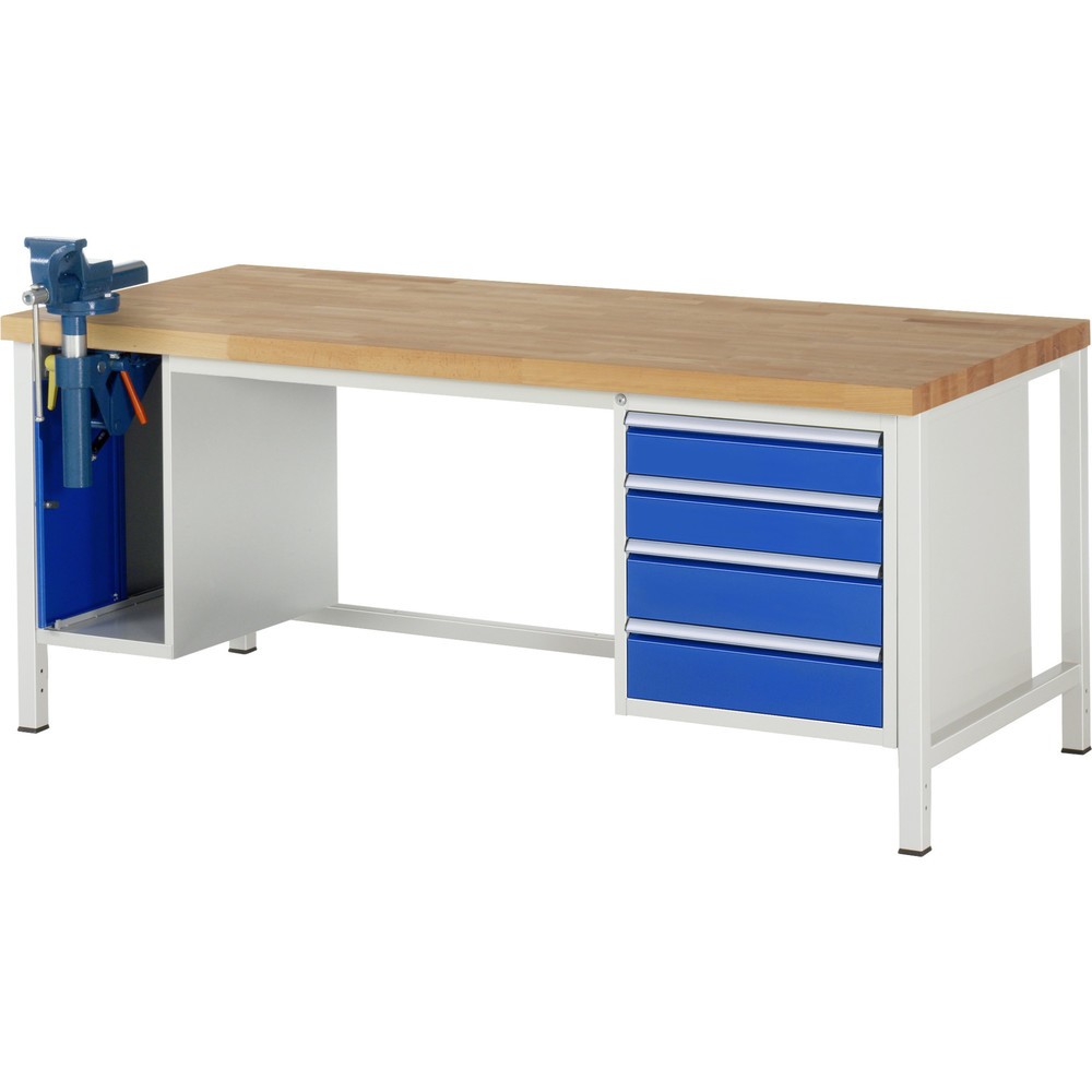 Numéro de l'image du produit 1: RAU Établi série 8000, 2 caissons, HxlxP 840 x 2 000 x 900 mm, 4 tiroirs extractibles à 90 % 2 x 120, 2 x 150 mm, étau inclus