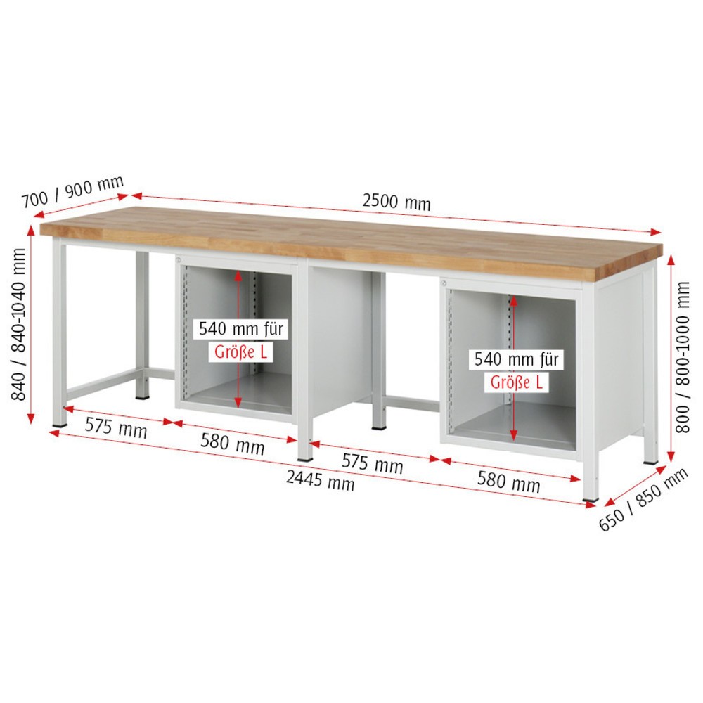 Numéro de l'image du produit 4: RAU Établi série 8000, 2 caissons, HxlxP 840-1 040 x 2 500 x 700 mm, 6 tiroirs extractibles à 100 % 2 x 120, 2 x 180, 2 x 240 mm