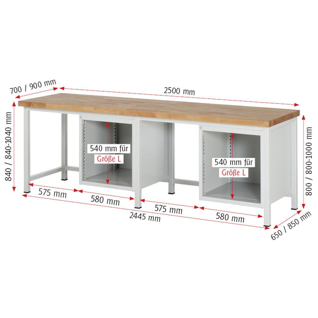N° de l'image du produit 7 : RAU Établi série 8000, 2 caissons HxlxP 840-1 040 x 2 500 x 700 mm, 10 tiroirs extractibles à 90 % 8 x 90, 2 x 180 mm