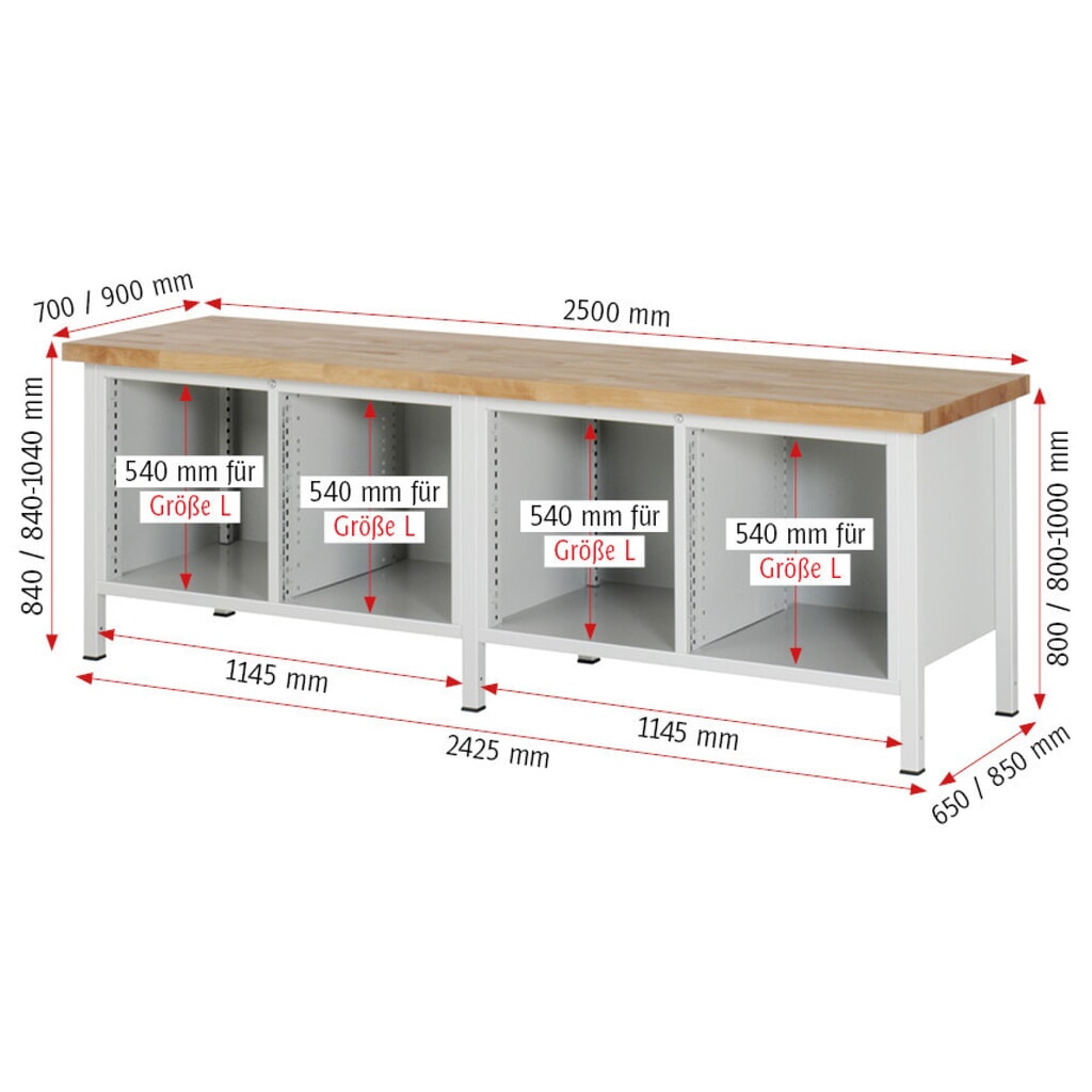 N° de l'image du produit 7 : RAU Établi série 8000, 2 doubles caissons, HxlxP 840-1 040 x 2 500 x 700 mm, 10 tiroirs, 1 tablette profondeur 350 mm