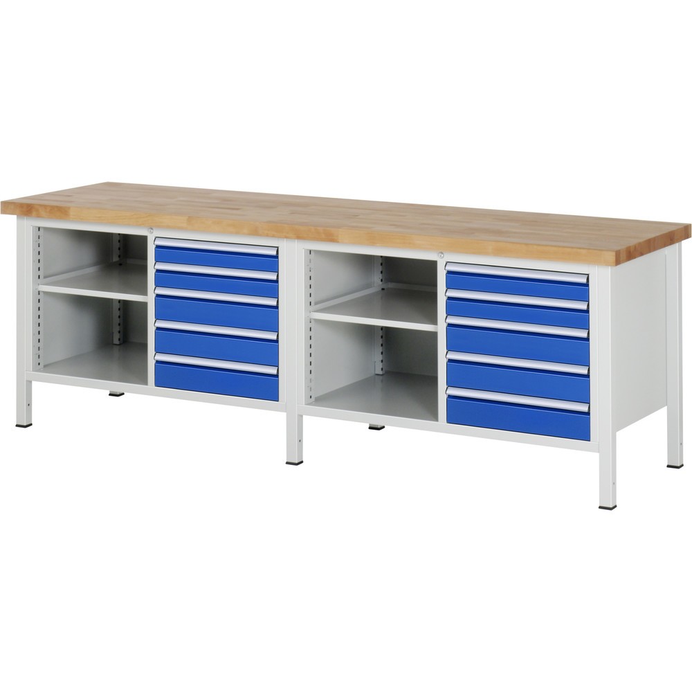 Numéro de l'image du produit 1: RAU Établi série 8000, 2 doubles caissons, HxlxP 840-1 040 x 2 500 x 700 mm, 10 tiroirs, 1 tablette profondeur 350 mm