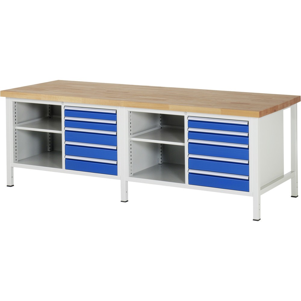 Numéro de l'image du produit 1: RAU Établi série 8000, 2 double caisson , 1 tablette, HxlxP 840 x 2 500 x 900 mm, 10 tiroirs