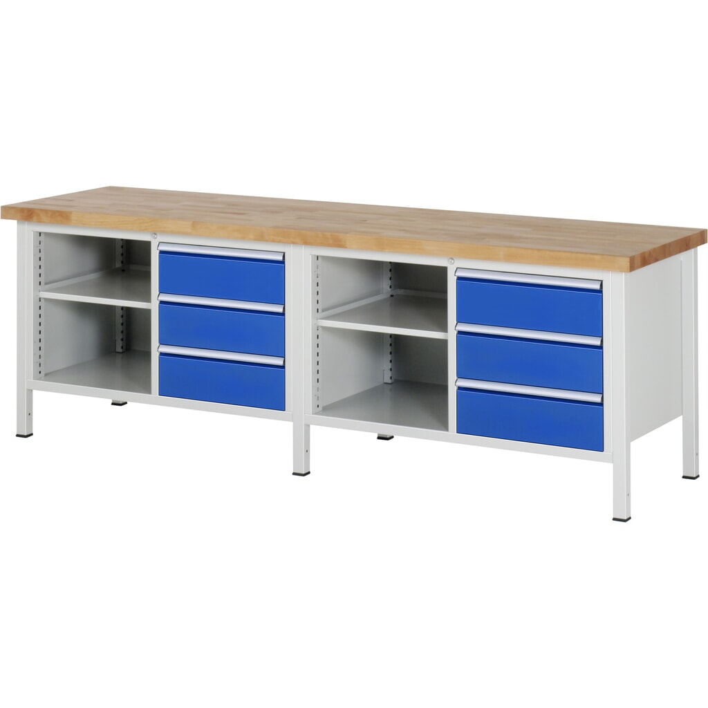 N° de l'image du produit 1 : RAU Établi série 8000, 2 doubles caissons, HxlxP 840 x 2.500 x 700 mm, 6 tiroirs, 1 tablette profondeur 350 mm