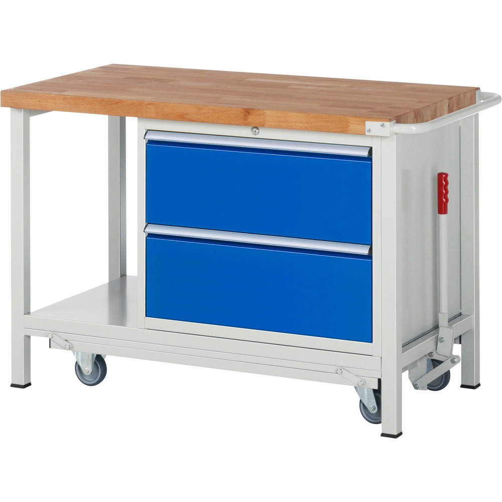 Numéro de l'image du produit 1: RAU Établi série 8000 avec rouleur abaissable, 1 caisson, 1 tablette, HxlxP 880 x 1 250 x 700 mm, 2 tiroirs extractibles à 100%