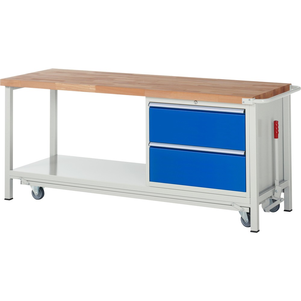 Numéro de l'image du produit 1: RAU Établi série 8000 avec rouleur abaissable, 1 caisson, 1 tablette, HxlxP 880 x 2 000 x 700 mm, 2 tiroirs extractibles à 100%