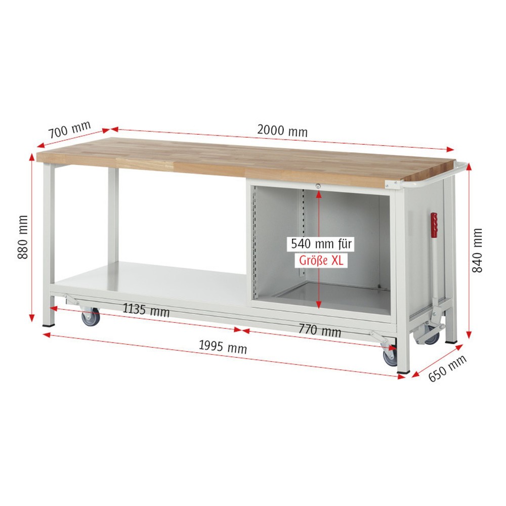 Numéro de l'image du produit 6: RAU Établi série 8000 avec rouleur abaissable, 1 caisson, 1 tablette, HxlxP 880 x 2 000 x 700 mm, 3 tiroirs extractibles à 100%, capacité de charge des tiroirs 75 kg