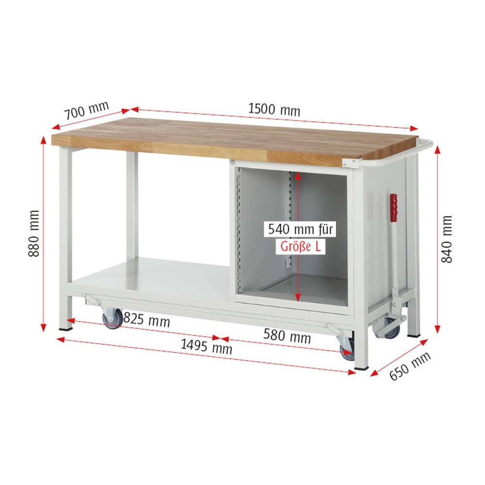 Numéro de l'image du produit 6: RAU Établi série 8000 avec rouleur abaissable, 1 caisson, 1 tablette, HxlxP 880 x 1 500 x 700 mm, 5 tiroirs extractibles à 100%, capacité de charge des tiroirs 100 kg