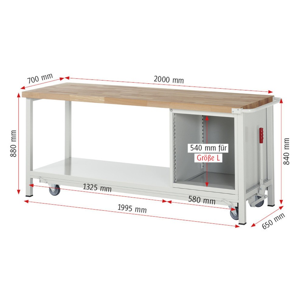 Numéro de l'image du produit 6: RAU Établi série 8000 avec rouleur abaissable, 1 caisson, 1 tablette, HxlxP 880 x 2 000 x 700 mm, 4 tiroirs, capacité de charge des tiroirs 100 kg