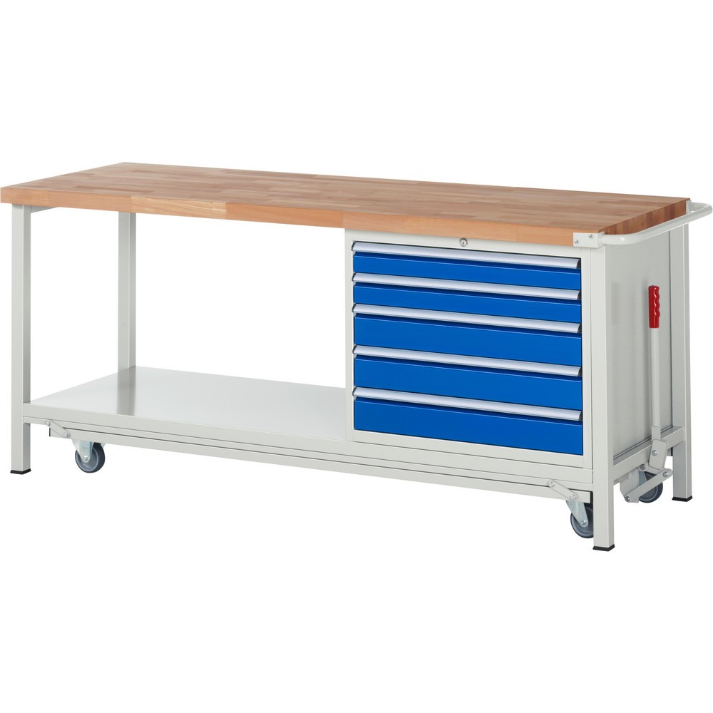 Numéro de l'image du produit 1: RAU Établi série 8000 avec rouleur abaissable, 1 caisson, 1 tablette, HxlxP 880 x 2 000 x 700 mm, 5 tiroirs extractibles à 100%, capacité de charge des tiroirs 75 kg