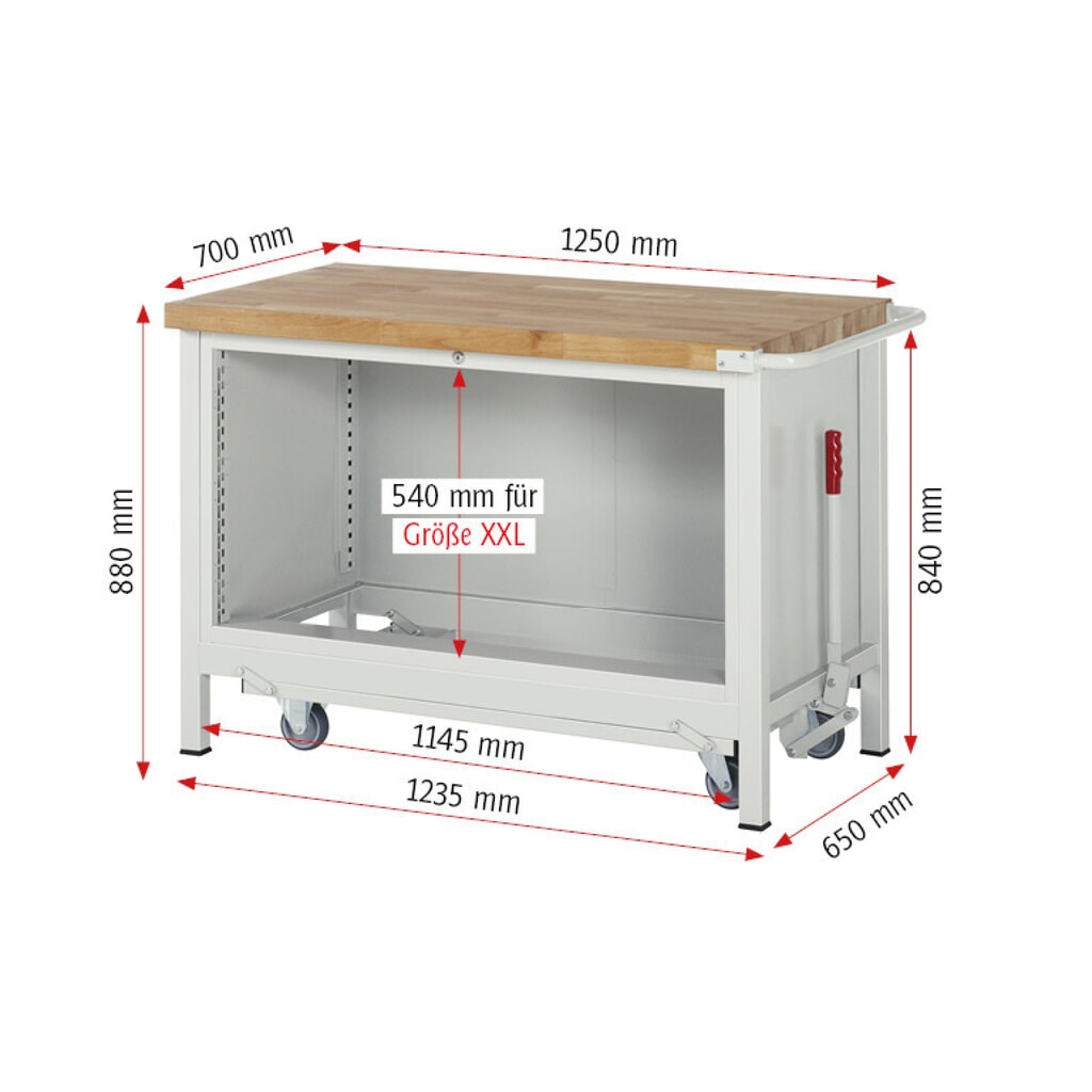 RAU Établi série 8000 avec rouleur abaissable, 1 caisson, HxlxP 880 x 1 250 x 700 mm, 2 tiroirs extractibles à 100%, capacité de charge des tiroirs 50 kg N° de l'image du produit 9 : RAU Établi série 8000 avec rouleur abaissable, 1 caisson, HxlxP 880 x 1 250 x 700 mm, 2 tiroirs extractibles à 100%, capacité de charge des tiroirs 50 kg