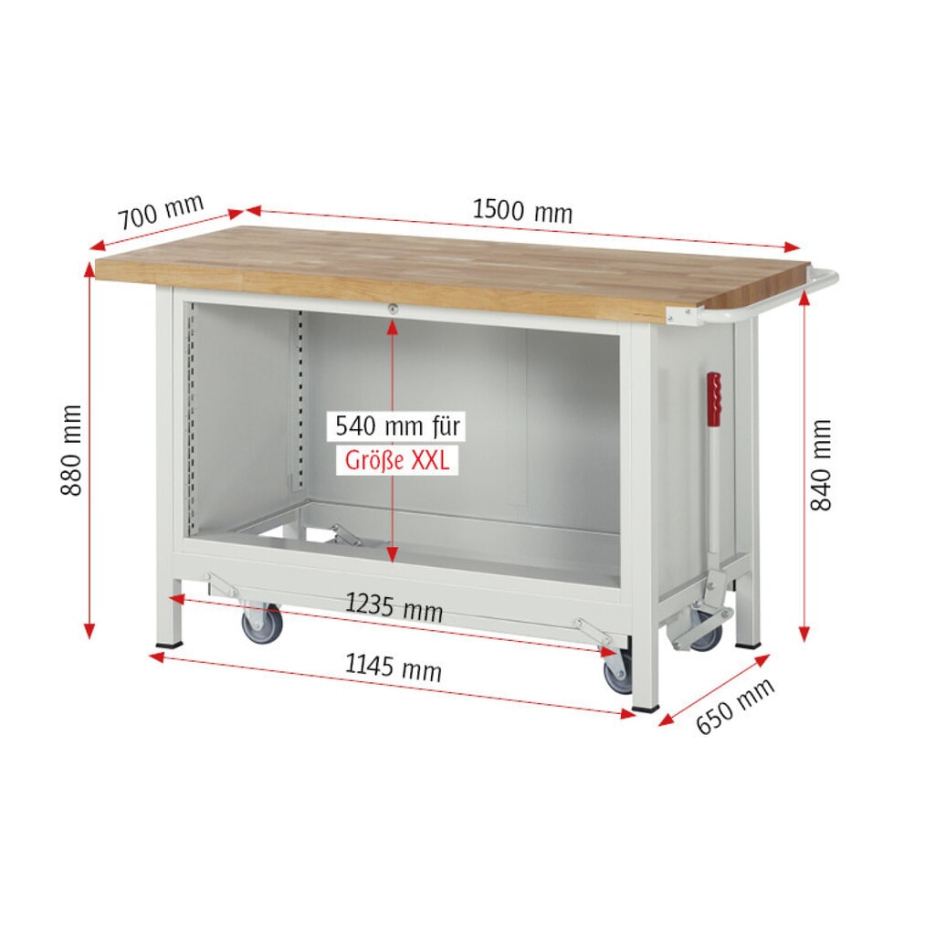 N° de l'image du produit 9 : RAU Établi série 8000 avec rouleur abaissable, 1 caisson, HxlxP 880 x 1 500 x 700 mm, 5 tiroirs extractibles à 100%, capacité de charge des tiroirs 50 kg