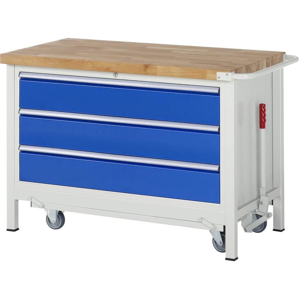 RAU Établi série 8000 avec rouleur abaissable, 1 caisson, HxlxP 880 x 1 250 x 700 mm, 3 tiroirs extractibles à 100%, capacité de charge des tiroirs 50 kg Illustration du produit: RAU Établi série 8000 avec rouleur abaissable, 1 caisson, HxlxP 880 x 1 250 x 700 mm, 3 tiroirs extractibles à 100%, capacité de charge des tiroirs 50 kg