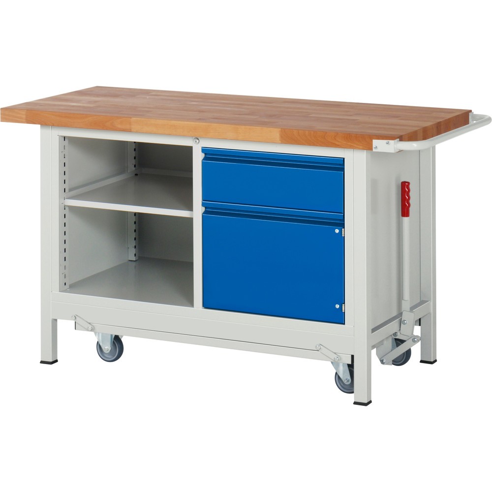 Numéro de l'image du produit 1: RAU Établi série 8000 avec rouleur abaissable, 1 caisson double, HxlxP 880 x 1 500 x 700 mm, 1 tiroir, 1 porte battante, 1 tablette
