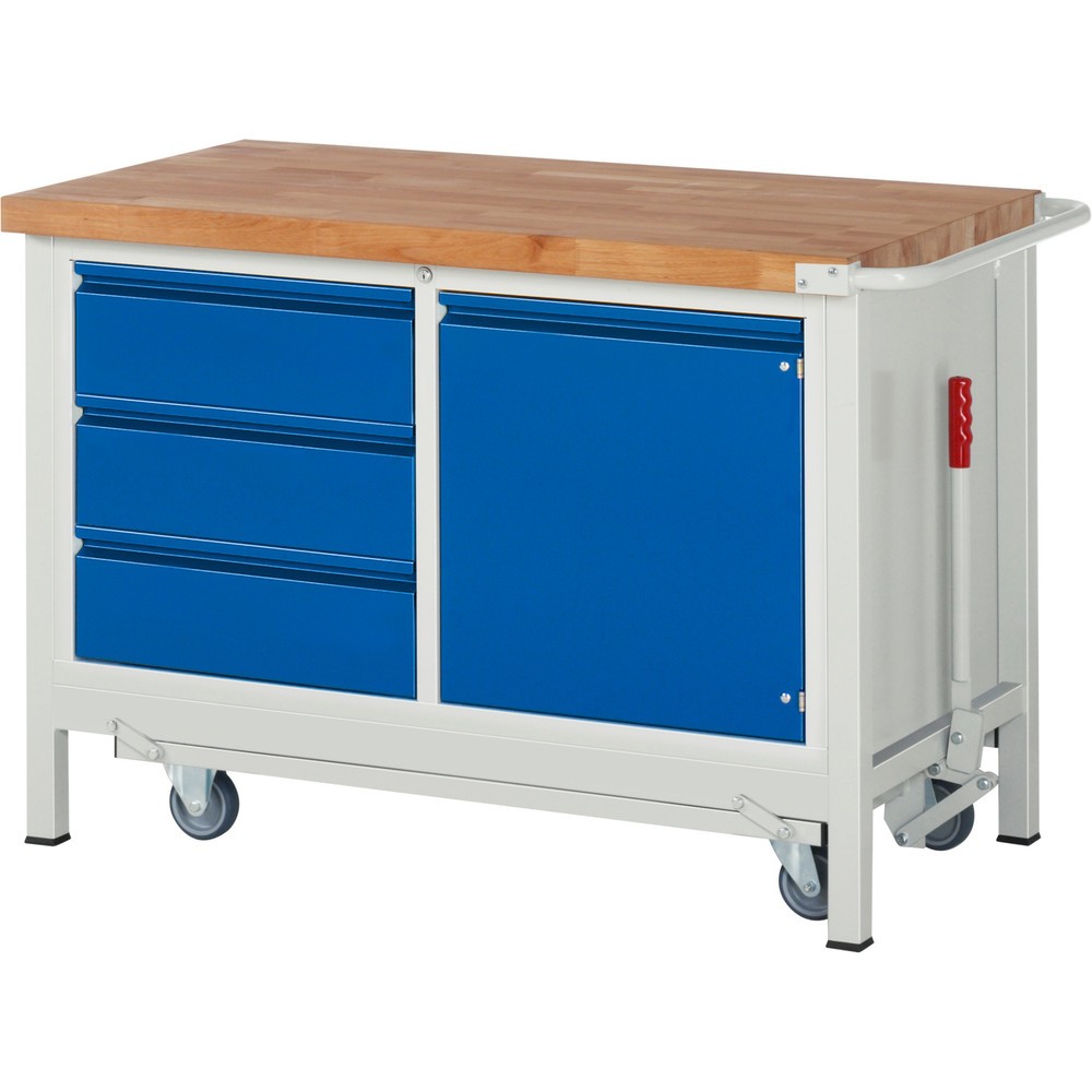 Numéro de l'image du produit 1: RAU Établi série 8000 avec rouleur abaissable, 1 caisson double, HxlxP 880 x 1 250 x 700 mm, 3 tiroirs extractibles à 90 %, 1 porte battante, 1 tablette