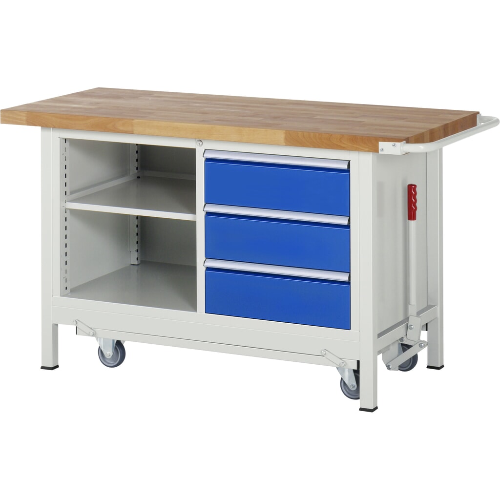 N° de l'image du produit 1 : RAU Établi avec châssis série 8000, HxlxP 880 x 1 500 x 700 mm, 1 double caisson sous plateau, avec 3 tiroirs et compartiment de rangement