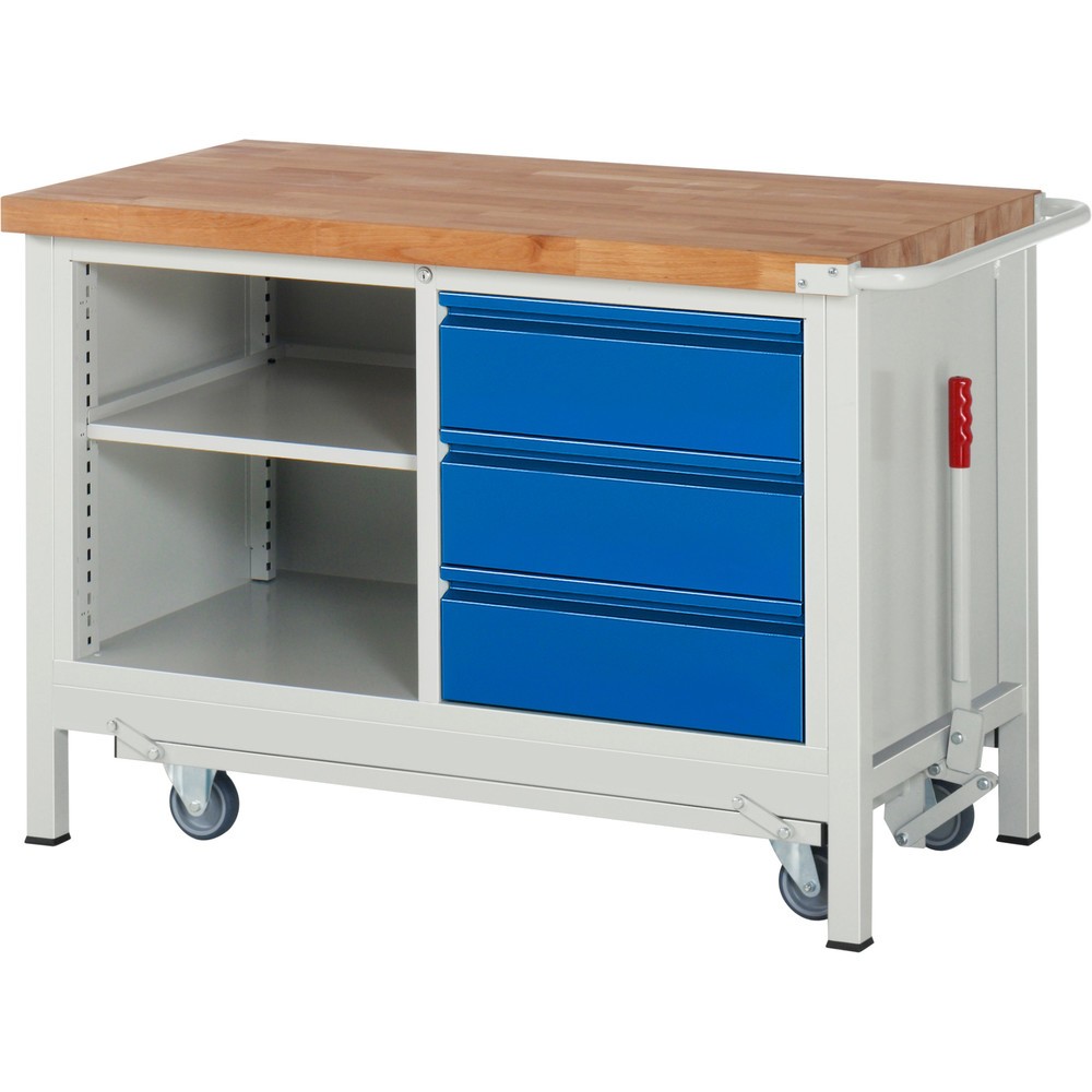 Numéro de l'image du produit 1: RAU Établi série 8000 avec rouleur abaissable, 1 caisson double, HxlxP 880 x 1 250 x 700 mm, 3 tiroirs extractibles à 90 %, 1 tablette