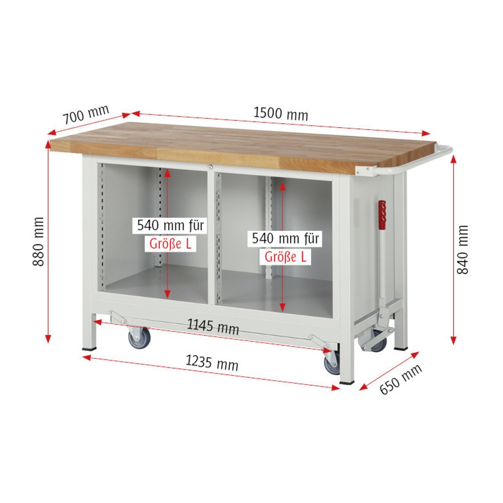 Numéro de l'image du produit 7: RAU Établi série 8000 avec rouleur abaissable, 1 caisson double, HxlxP 880 x 1 500 x 700 mm, 4 tiroirs 2 x 90 mm, 2 x 180 mm, 1 porte battante, 1 tablette