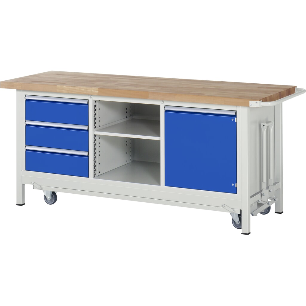 N° de l'image du produit 1 : RAU Établi avec châssis série 8000, HxlxP 880 x 2 000 x 700 mm, 1 triple caisson sous plateau, avec 3 tiroirs et 1 porte battante