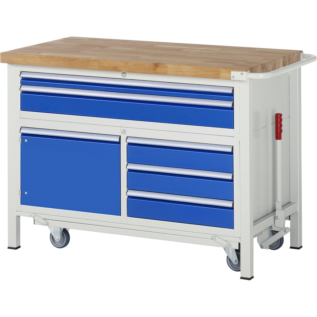 N° de l'image du produit 1 : RAU Établi avec châssis série 8000, HxlxP 920 x 1 250 x 700 mm, 1 triple caisson sous plateau, avec 5 tiroirs et 1 porte battante
