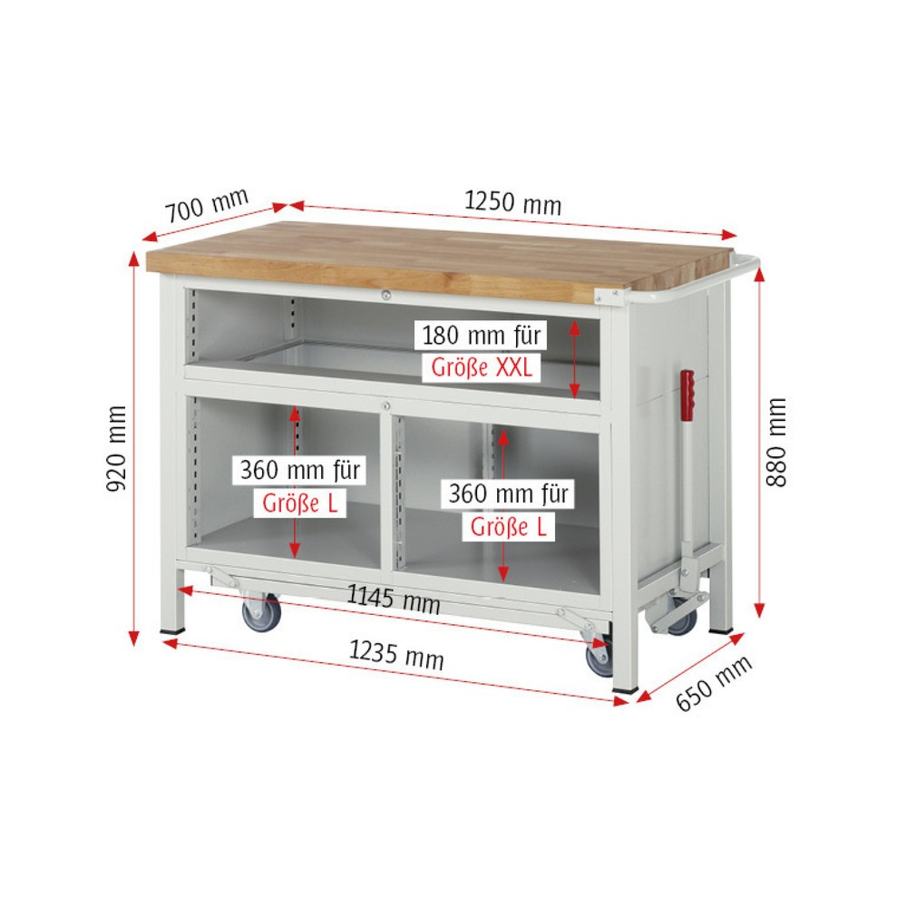 Numéro de l'image du produit 7: RAU Établi série 8000 avec rouleur abaissable, 1 caisson triple, HxlxP 920 x 1 250 x 700 mm, 5 tiroirs, 1 porte battante