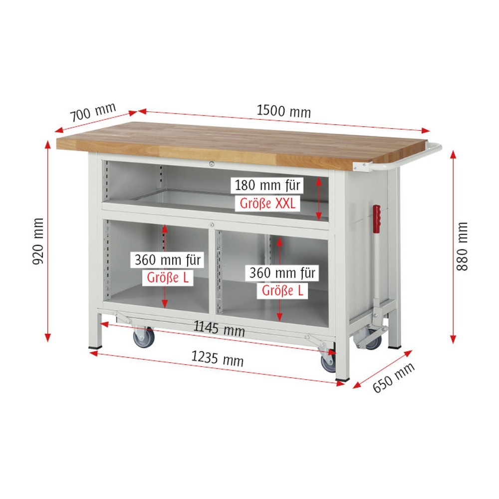 Numéro de l'image du produit 8: RAU Établi série 8000 avec rouleur abaissable, 1 caisson triple, HxlxP 920 x 1 500 x 700 mm, 5 tiroirs, 1 porte battante
