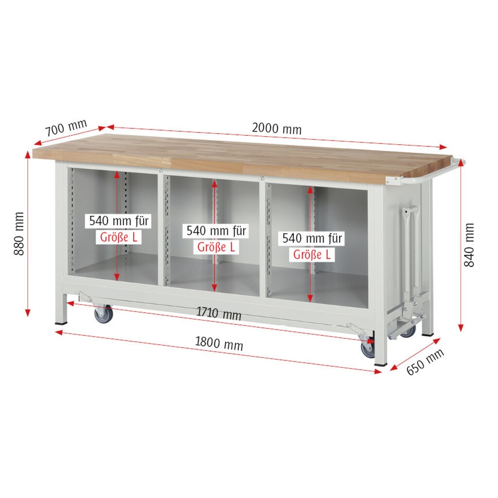N° de l'image du produit 9 : RAU Établi série 8000 avec rouleur abaissable, 1 caisson triple, HxlxP 880 x 2 000 x 700 mm, 4 tiroirs extractibles à 100%, 1 tablette