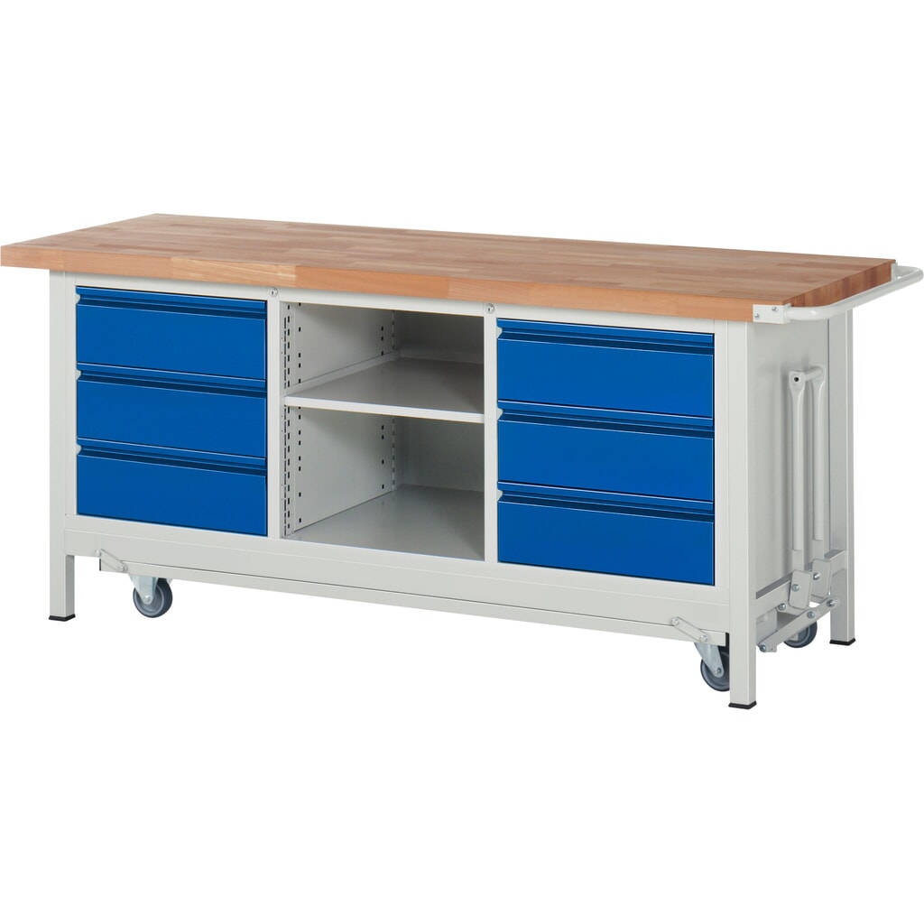 N° de l'image du produit 1 : RAU Établi série 8000 avec rouleur abaissable, 1 caisson triple, HxlxP 880 x 2 000 x 700 mm, 6 tiroirs extractibles à 90 % 6 x 180 mm, 1 tablette