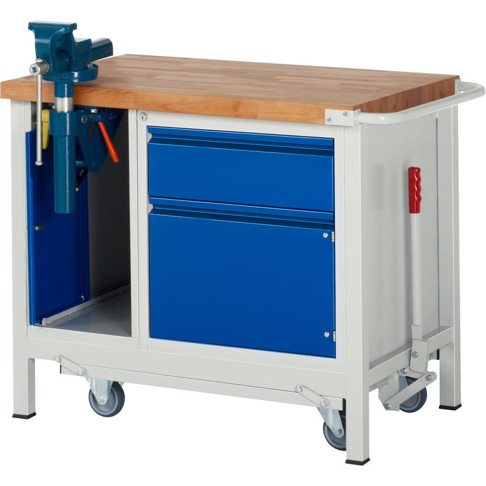 Numéro de l'image du produit 1: RAU Établi série 8000 avec rouleur abaissable, 2 caissons, 1 tablette, HxlxP 880 x 1 000 x 700 mm, 1 tiroirs extractibles à 90%, 1 porte battante