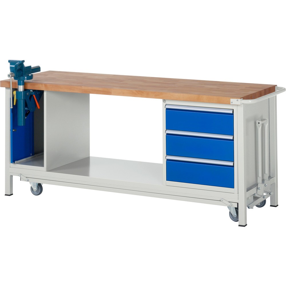 Numéro de l'image du produit 1: RAU Établi série 8000 avec rouleur abaissable, 2 caissons, 1 tablette, HxlxP 880 x 2 000 x 700 mm, 3 tiroirs extractibles à 90%