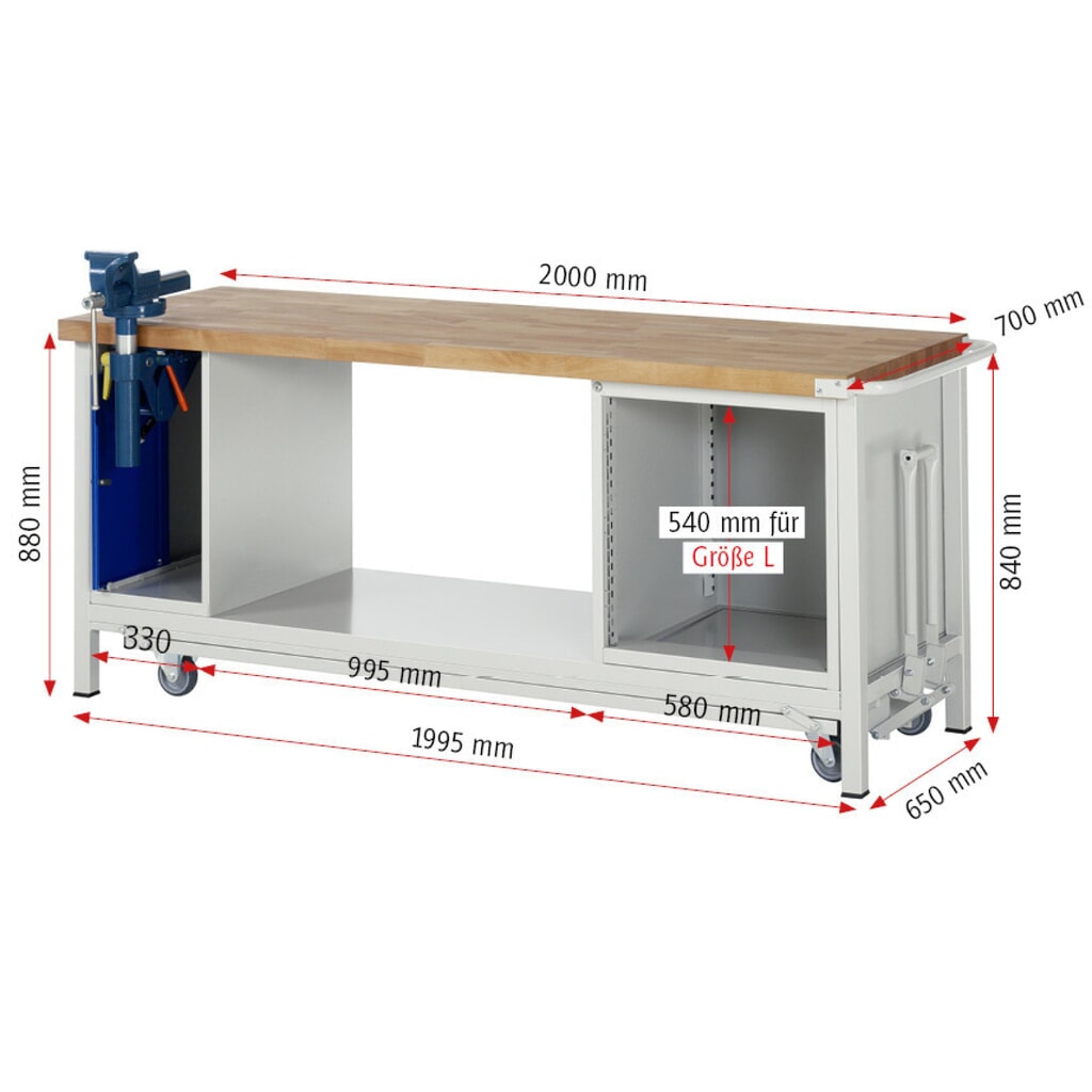 RAU Établi série 8000 avec rouleur abaissable, 2 caissons, 1 tablette, HxlxP 880 x 2 000 x 700 mm, 1 tiroirs N° de l'image du produit 16 : RAU Établi série 8000 avec rouleur abaissable, 2 caissons, 1 tablette, HxlxP 880 x 2 000 x 700 mm, 1 tiroirs