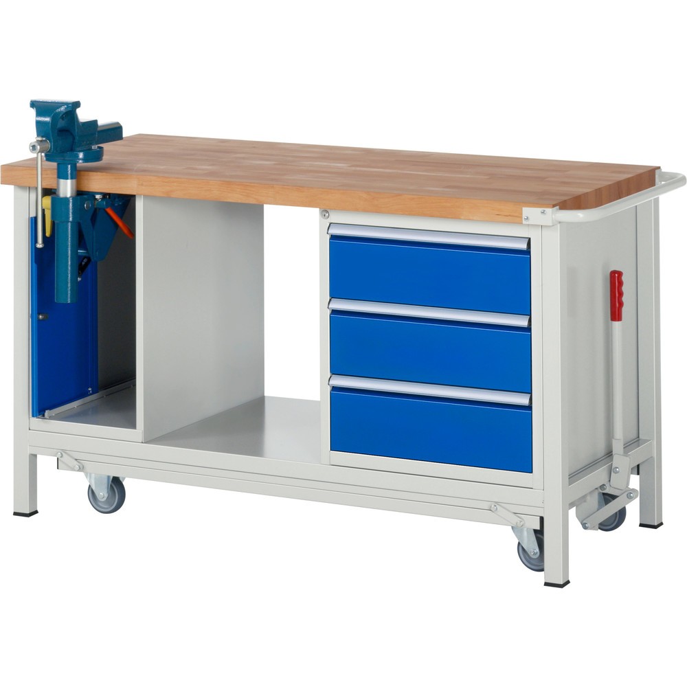 Numéro de l'image du produit 1: RAU Établi série 8000 avec rouleur abaissable, 2 caissons, 1 tablette, HxlxP 880 x 1 500 x 700 mm, 3 tiroirs extractibles à 90%